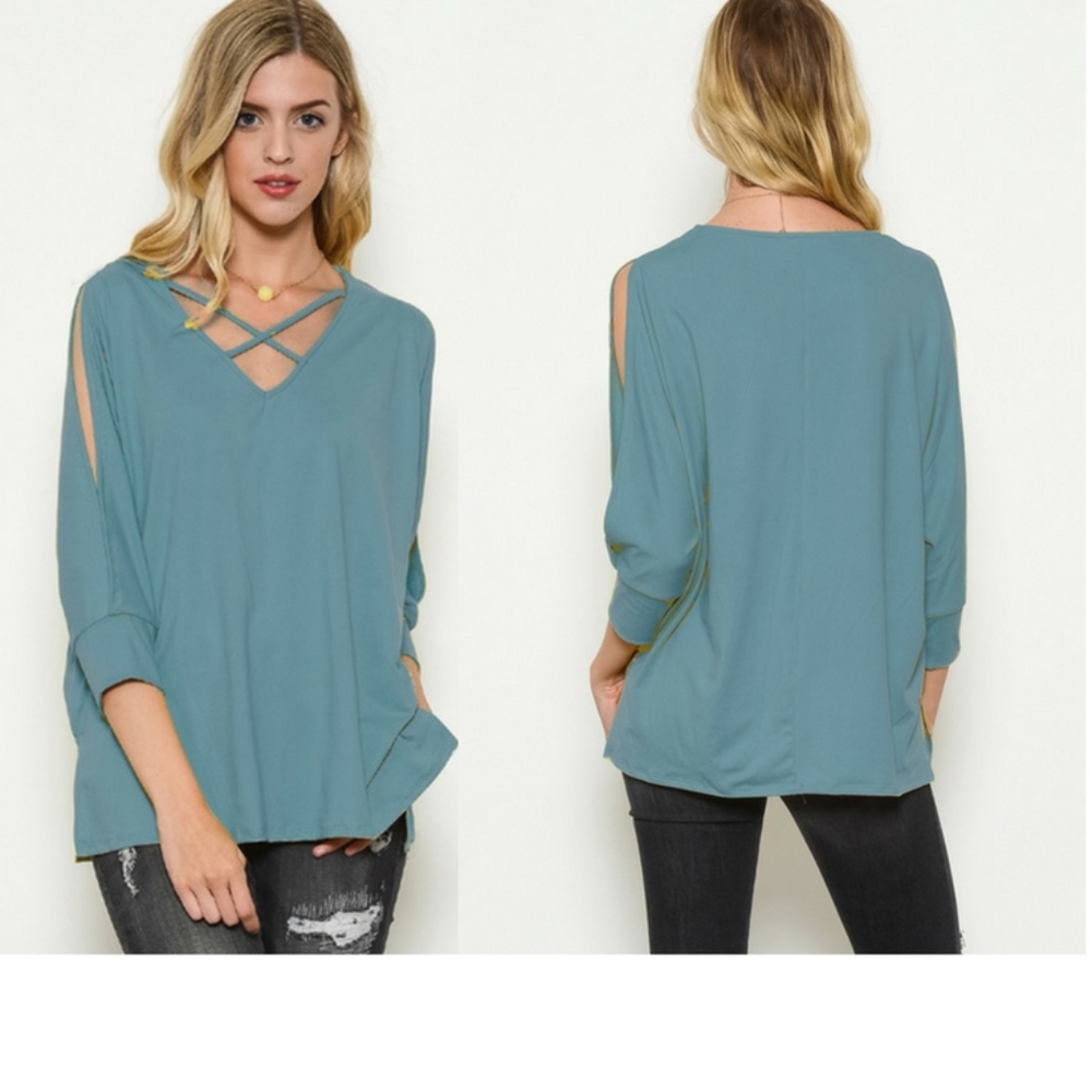 Blue Slit Open Sleeve /V Neck Top